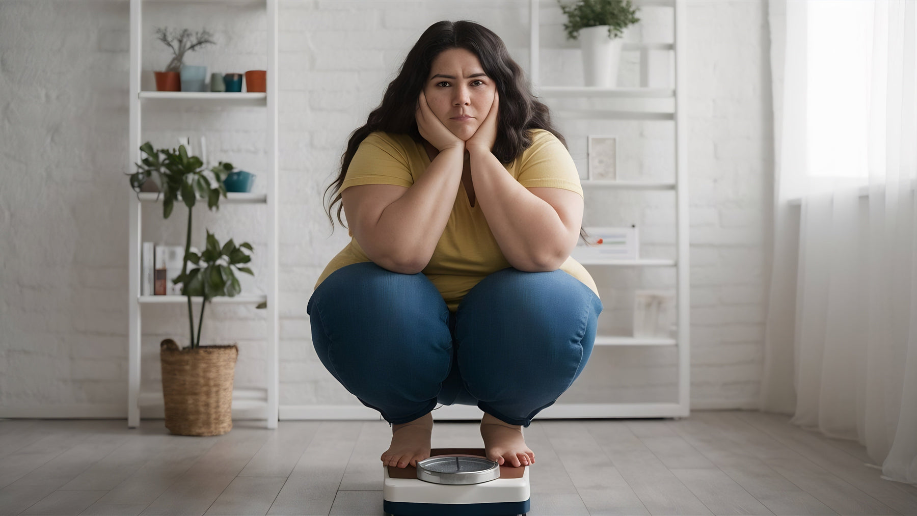 A woman in casual clothes squats on a bathroom scale with a serious expression