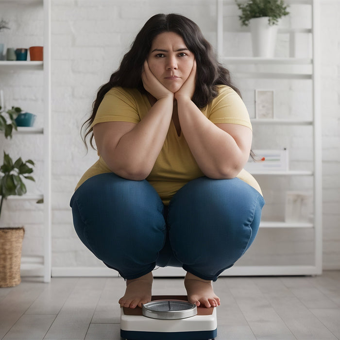 A woman in casual clothes squats on a bathroom scale with a serious expression