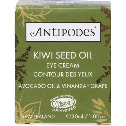 Antipodes Kiwi Seed Oil Eye Cream packaging, 30ml, featuring avocado oil and Vinanza grape, vegan-friendly.