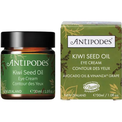 Antipodes Kiwi Seed Oil Eye Cream 30ml jar and box, nourishing formula for hydration and rejuvenation.