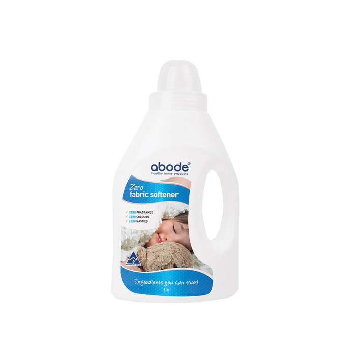 Abode Fabric Softener Zero 1L, fragrance-free, plant-based softener for sensitive skin, suitable for front and top loaders.