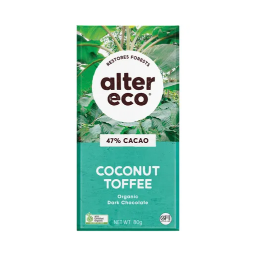 Alter Eco Organic Dark Coconut Toffee Chocolate bar, 80g, featuring 47% cacao and vibrant tropical packaging.