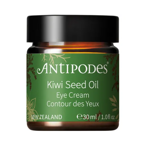 Antipodes Kiwi Seed Oil Eye Cream 30ml jar with nourishing formula for hydrated and refreshed under-eye skin.