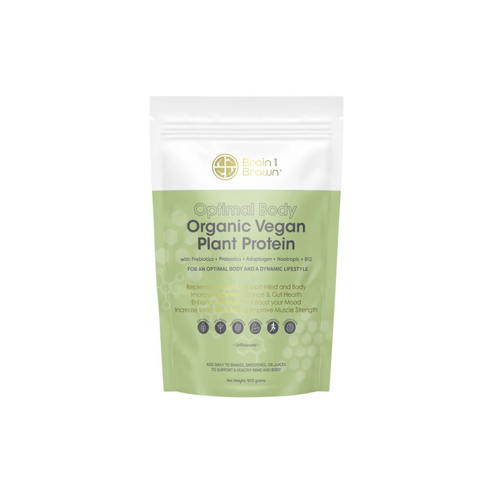 Brain and Brawn Optimal Body Organic Vegan Plant Protein 900g packaging, unflavoured, for muscle recovery and nutrition.
