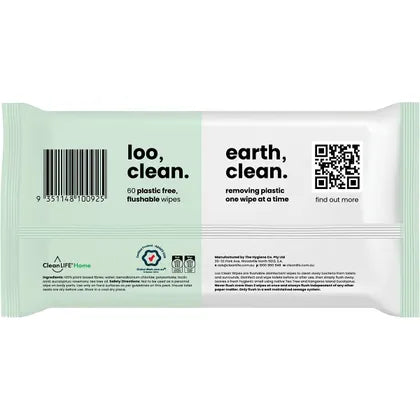 CleanLIFE Loo Clean 60 Pack Flushable Wipes packaging, eco-friendly, plastic-free, and convenient bathroom cleaning.