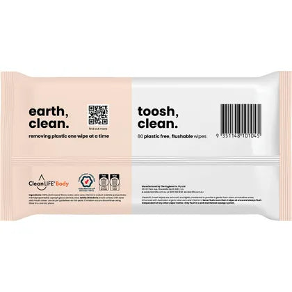 CleanLIFE Toosh Clean Flushable Plastic Free Wipes packaging, eco-friendly personal care solution, 80 count.