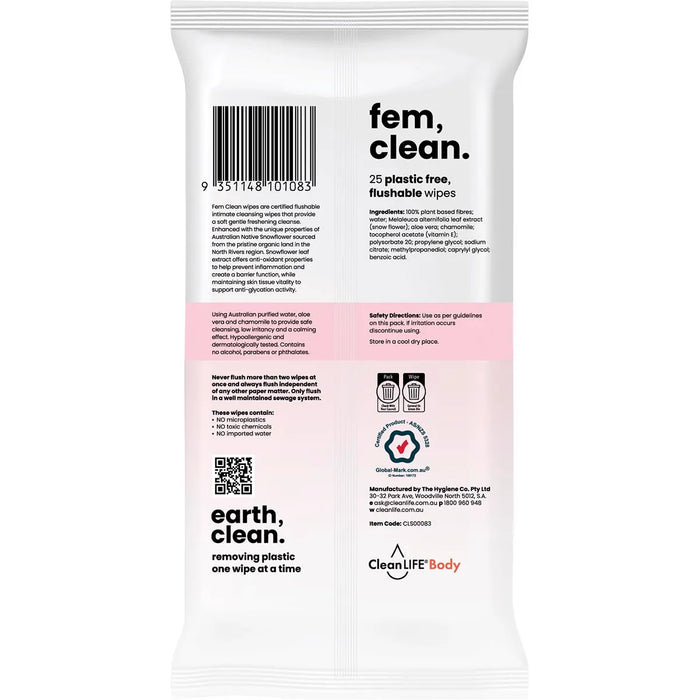 CleanLIFE Fem Clean Intimate Flushable Plastic Free Wipes 25 Pack