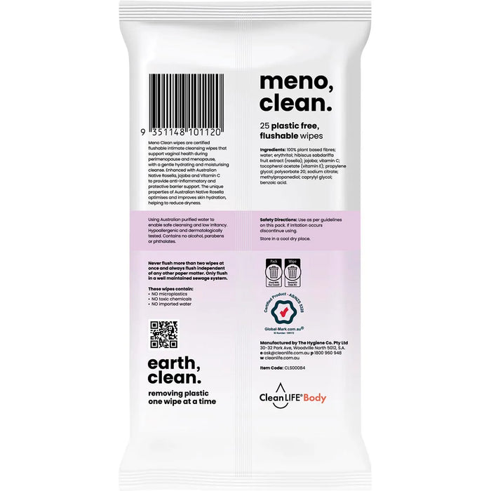 CleanLIFE Meno Clean Wipes Flushable Plastic Free Wipes 25 Pack