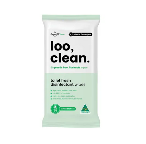 CleanLIFE Loo Clean 60 Pack plastic-free flushable wipes for toilet freshness and hygiene.