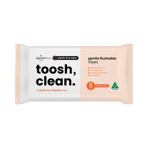 CleanLIFE Toosh Clean Flushable Plastic Free Wipes 80 Pack, ultra-soft, eco-friendly wipes, gentle for sensitive skin.