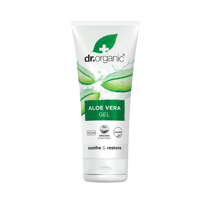 Dr Organic Aloe Vera Gel 200ml tube, soothing and hydrating skin treatment with organic aloe vera extract.