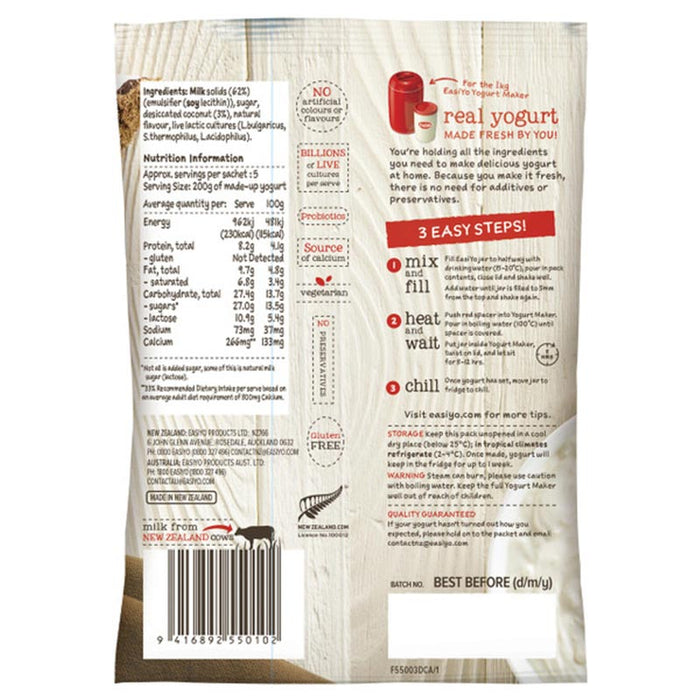 EasiYo Greek-Style Coconut Yogurt Base With Coconut Bits 240g Carton of 8