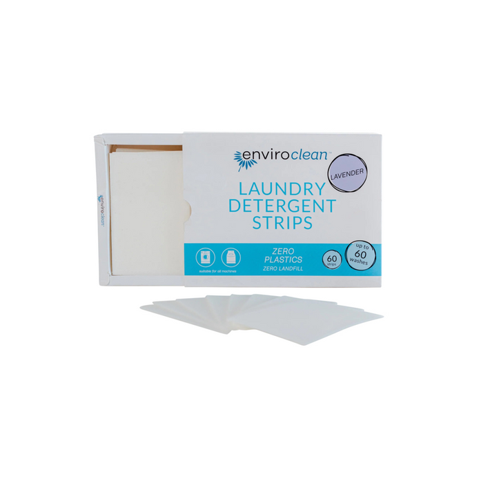 EnviroClean Laundry Detergent Strips Lavender pack open with strips displayed, eco-friendly laundry solution.