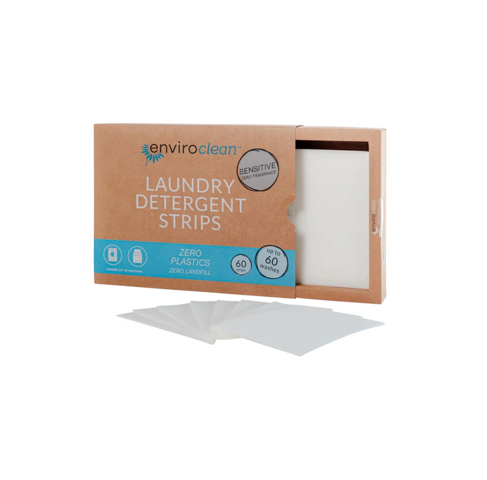 EnviroClean Sensitive Laundry Detergent Strips 60 Pack in eco-friendly packaging, hypoallergenic and plastic-free.