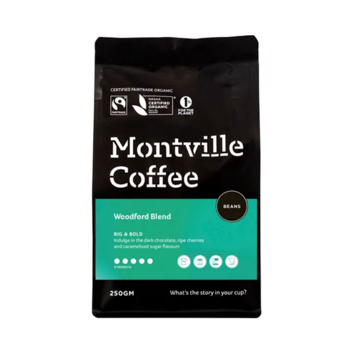 Montville Coffee Woodford Blend Coffee Beans 250g pack showcasing rich flavors and organic, fair trade certification.