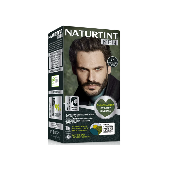 NaturTint Men Dark Chestnut Brown Hair Colouring 3N 170ml packaging with model, ammonia-free, full grey coverage.