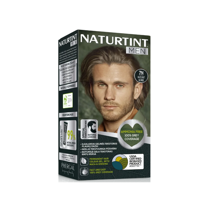 NaturTint Mens Hazelnut Blond Hair Colouring 7N 170ml packaging with model showcasing natural-looking hair.