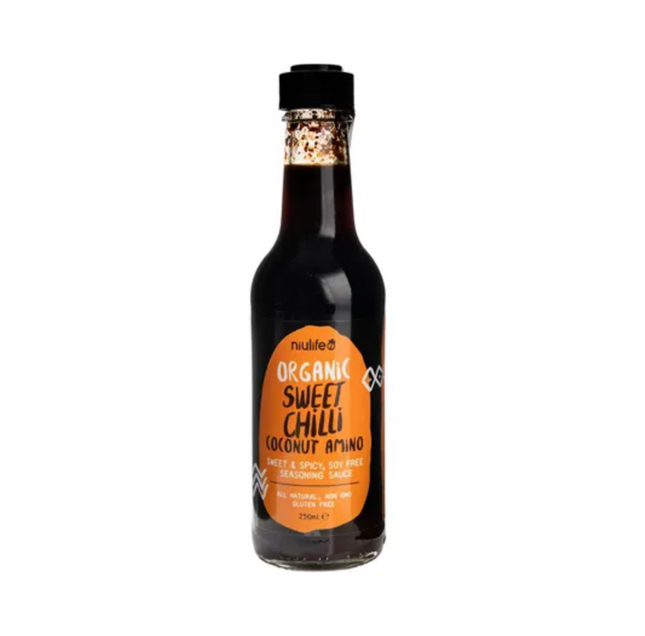 Niulife Organic Sweet Chilli Coconut Amino Sauce 250ml, a tangy and spicy condiment made from all-natural ingredients.