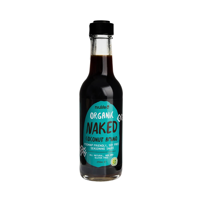 Niulife Organic Coconut Amino Sauce Naked 250ml bottle, gluten-free, soy-free seasoning alternative.