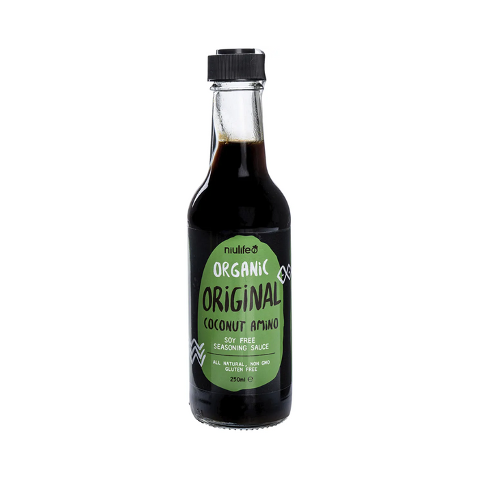 Niulife Organic Coconut Amino Sauce Original 250ml, soy-free seasoning sauce, gluten-free alternative to soy sauce.