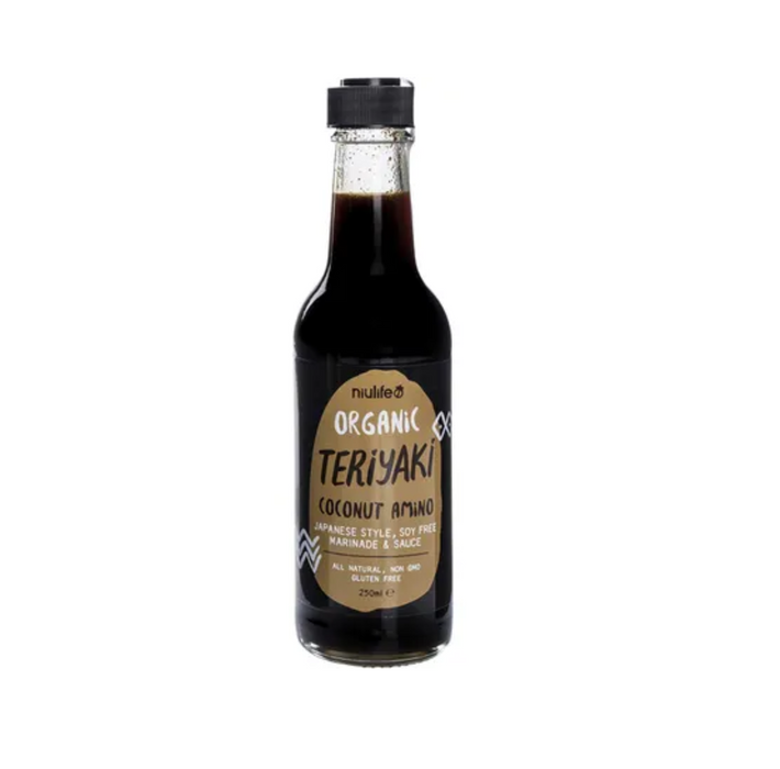 Niulife Organic Coconut Amino Sauce Teriyaki 250ml bottle, gluten-free soy sauce alternative with rich flavor.