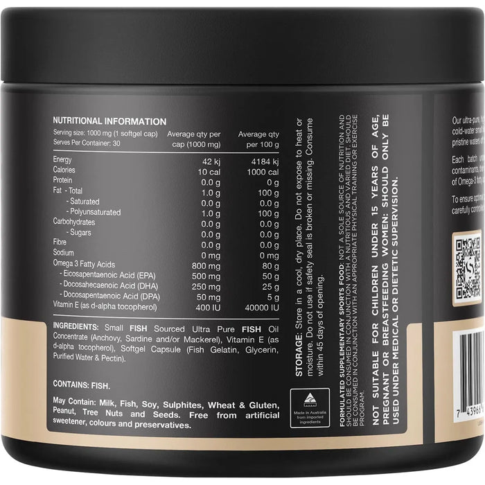 Nutritional information label for Switch Nutrition Ultra Fish Oil High Strength Norwegian Omega 3, detailing serving size and ingredients.