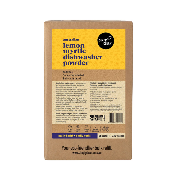 Simply Clean Dishwasher Powder Lemon Myrtle 5kg eco-friendly packaging for sparkling clean dishes.