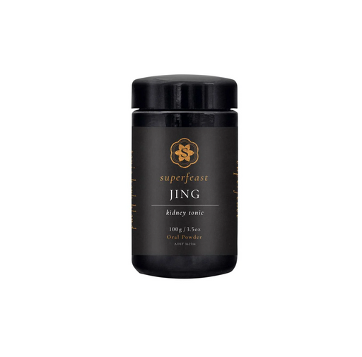 Superfeast Jing 100g herbal supplement for vitality, balance, and energy support in a sleek black container.