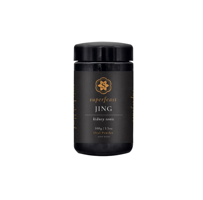Superfeast Jing 100g herbal supplement for vitality, balance, and energy support in a sleek black container.
