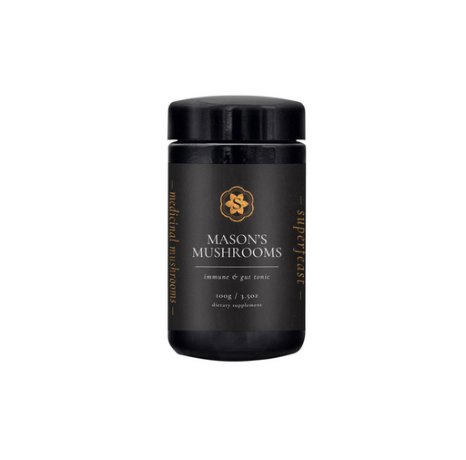 Superfeast Masons Mushrooms 100g bottle for immune support and gut health, featuring premium medicinal mushroom blend.
