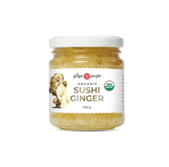 The Ginger People Organic Sushi Ginger 190g jar, certified organic, gluten-free, vegan, and kosher pickled ginger.