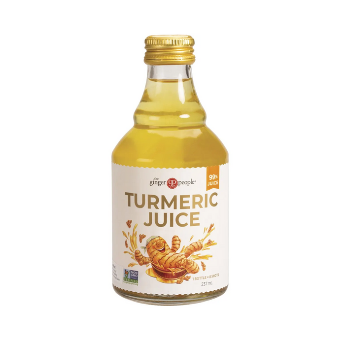 The Ginger People Turmeric Juice 99% in a glass bottle, 237ml, golden liquid, natural wellness drink.