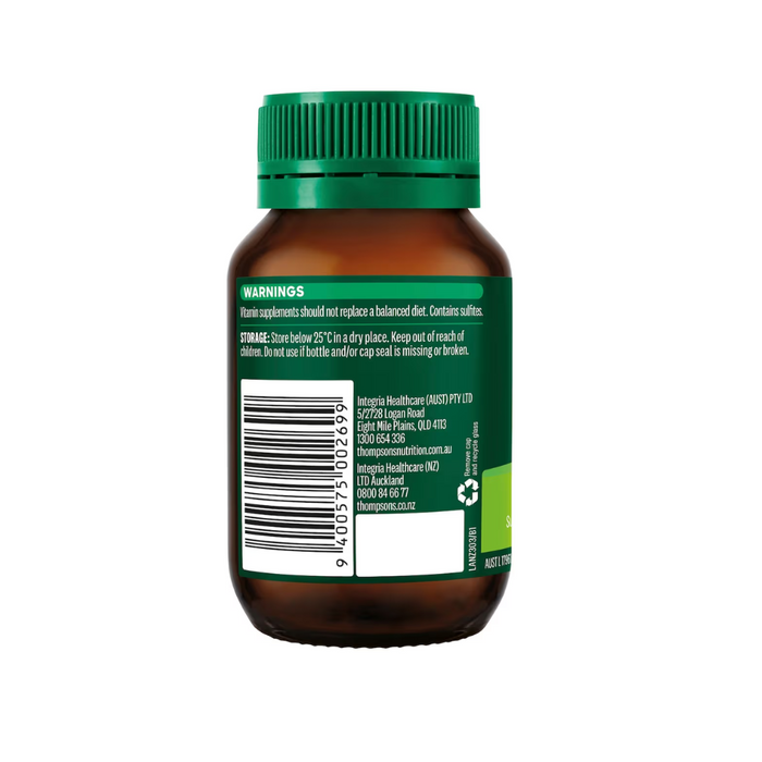 Thompsons Vitamin D3 1000IU bottle back view showing warnings and storage instructions.