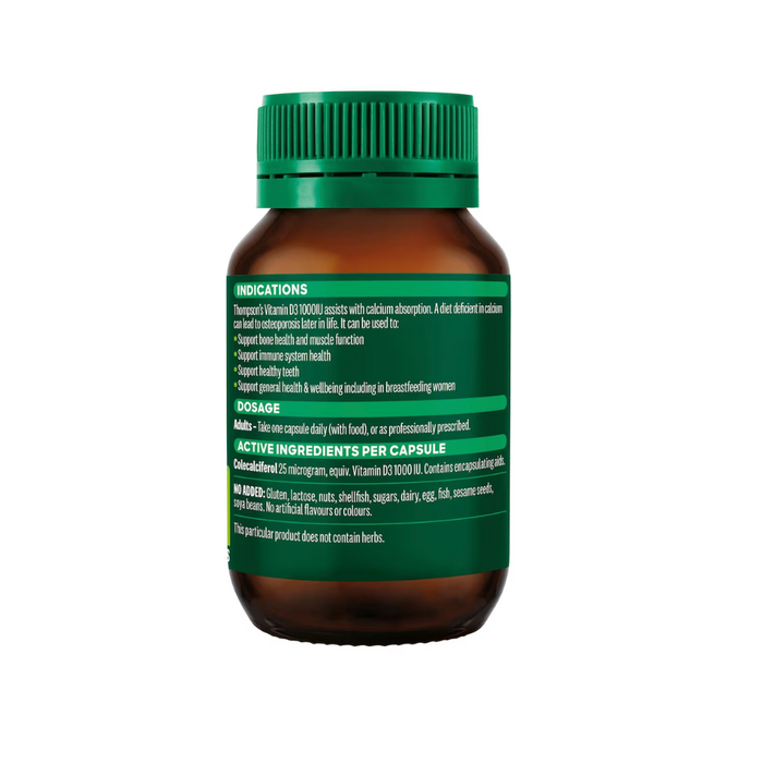 Thompsons Vitamin D3 1000IU capsules bottle showing dosage and indications for healthy bones and immune support.