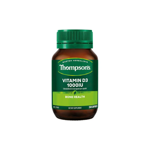 Thompsons Vitamin D3 1000IU supplement bottle for bone health, containing 240 easy-to-swallow capsules.