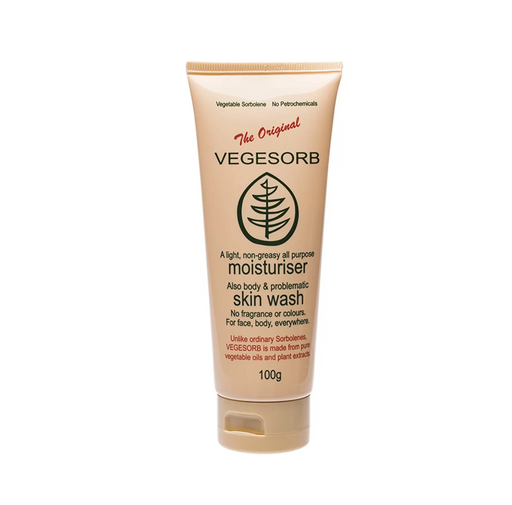 Vegesorb Sorbolene Alternative 100g tube, a plant-based moisturizer for dry skin, gentle and chemical-free formula.
