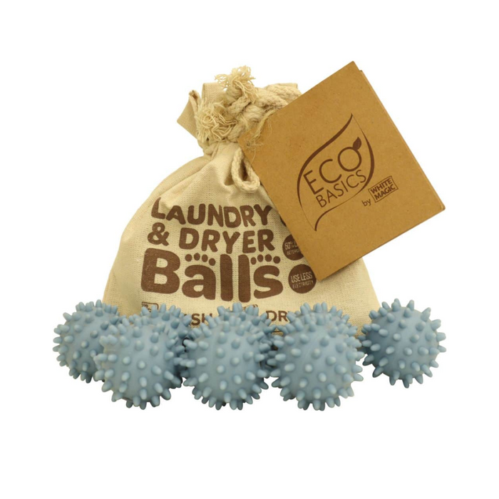 Eco Basics Laundry & Dryer Balls in a bag with five blue wool balls for natural fabric softening and drying.