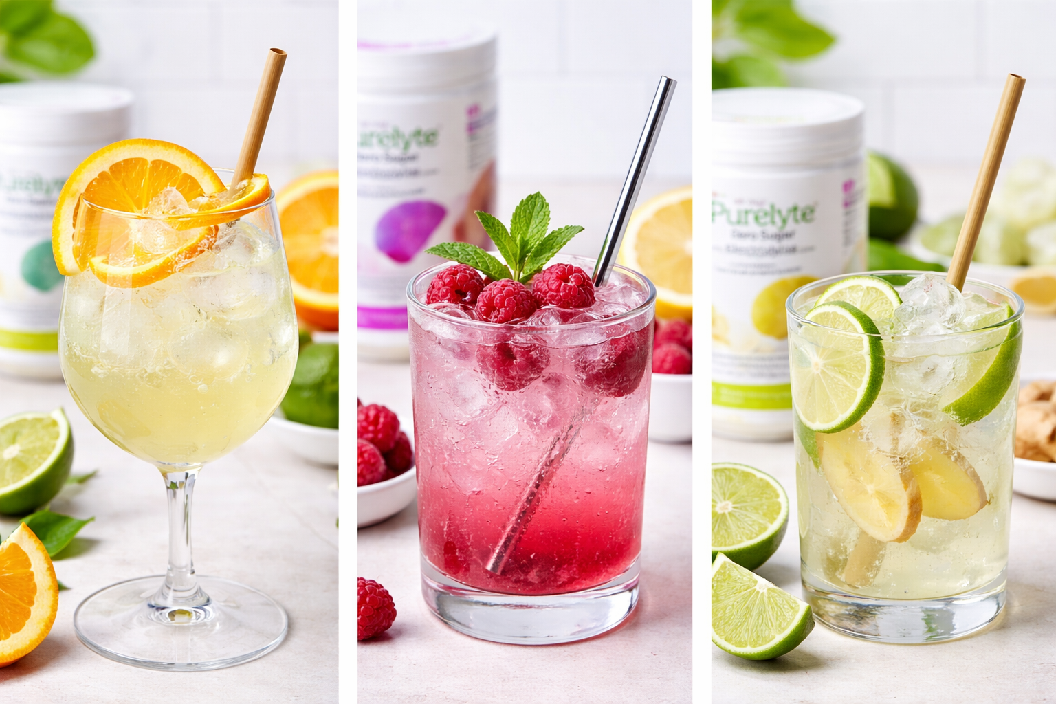 Three zero-sugar electrolyte mocktails—citrus spritz, berry fizz, and ginger lime—served with ice and fresh fruit garnishes.