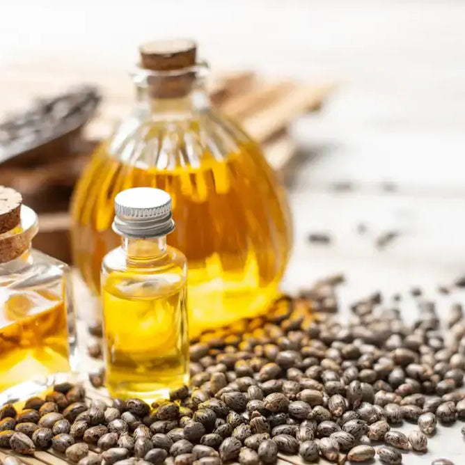 Bottles of castor oil with castor seeds on a wooden surface.
