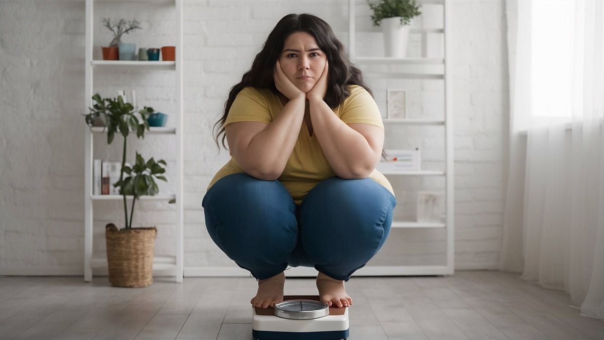 A woman in casual clothes squats on a bathroom scale with a serious expression