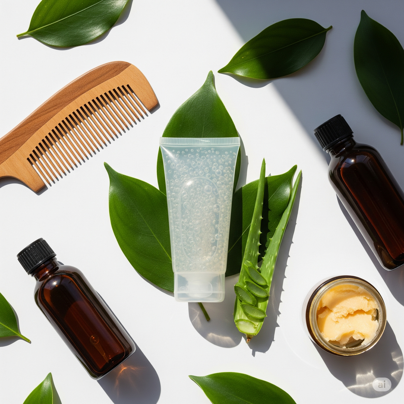 Eco Traders collection of natural hair gels, shown with nourishing ingredients like aloe vera and fresh botanicals on a clean, white background.