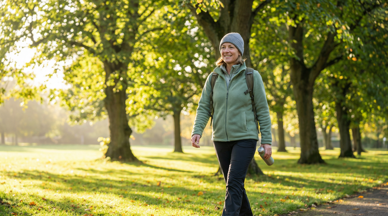 Person enjoying soft morning sunlight, symbolising seasonal wellbeing and calm daily routines.
