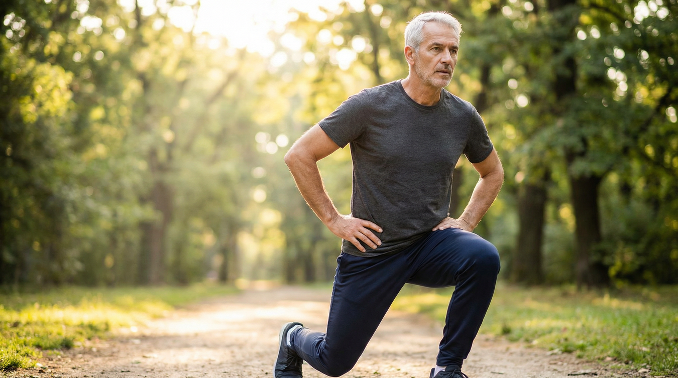 Older man exercising in a park, representing men’s daily wellness and active ageing.