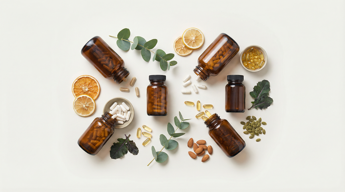 Flat-lay of unbranded multivitamin capsules, softgels and wholefood ingredients on a neutral background, representing foundational daily nutrient support.