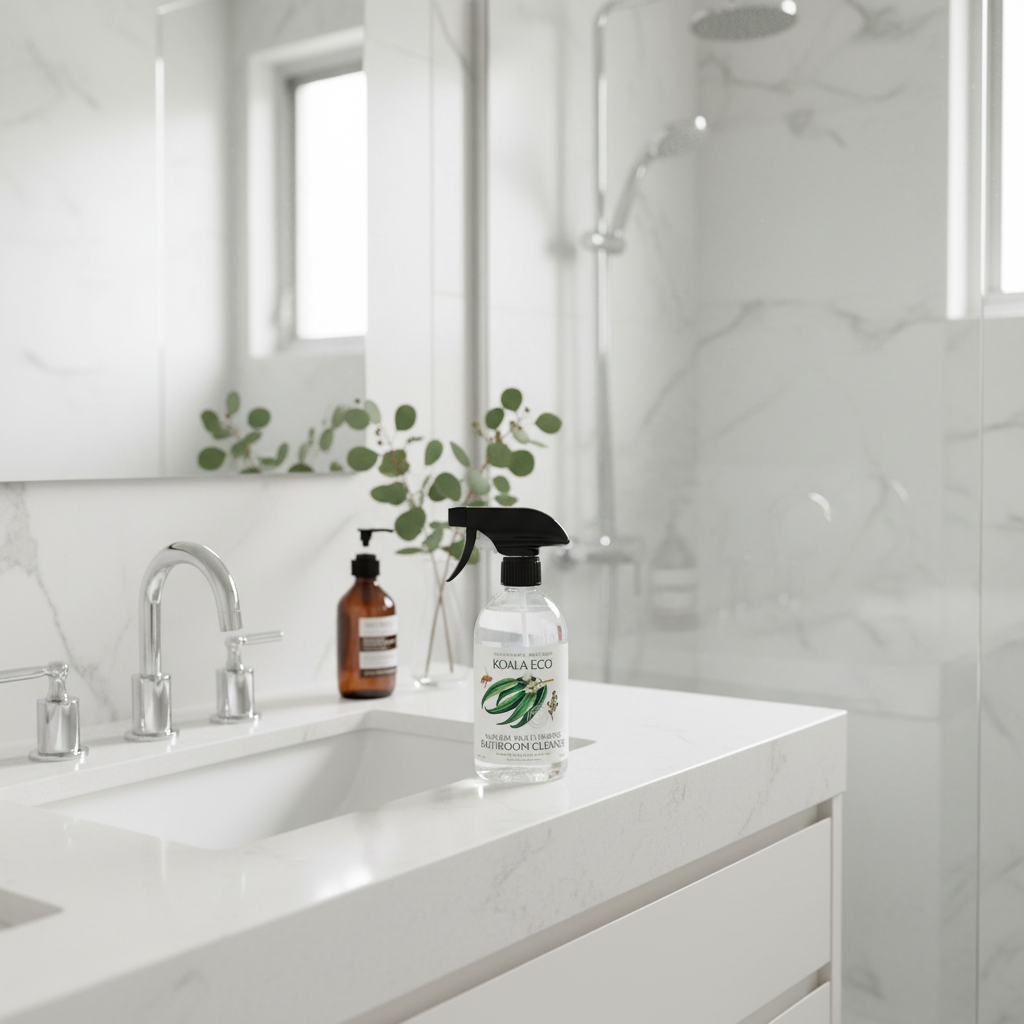 Sparkling clean modern bathroom featuring effective natural bathroom cleaners that remove limescale and soap scum without toxic fumes.