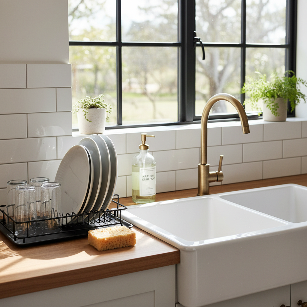 Natural dishwashing liquid and clean dishes in a modern kitchen, safe for septic tanks and sensitive skin