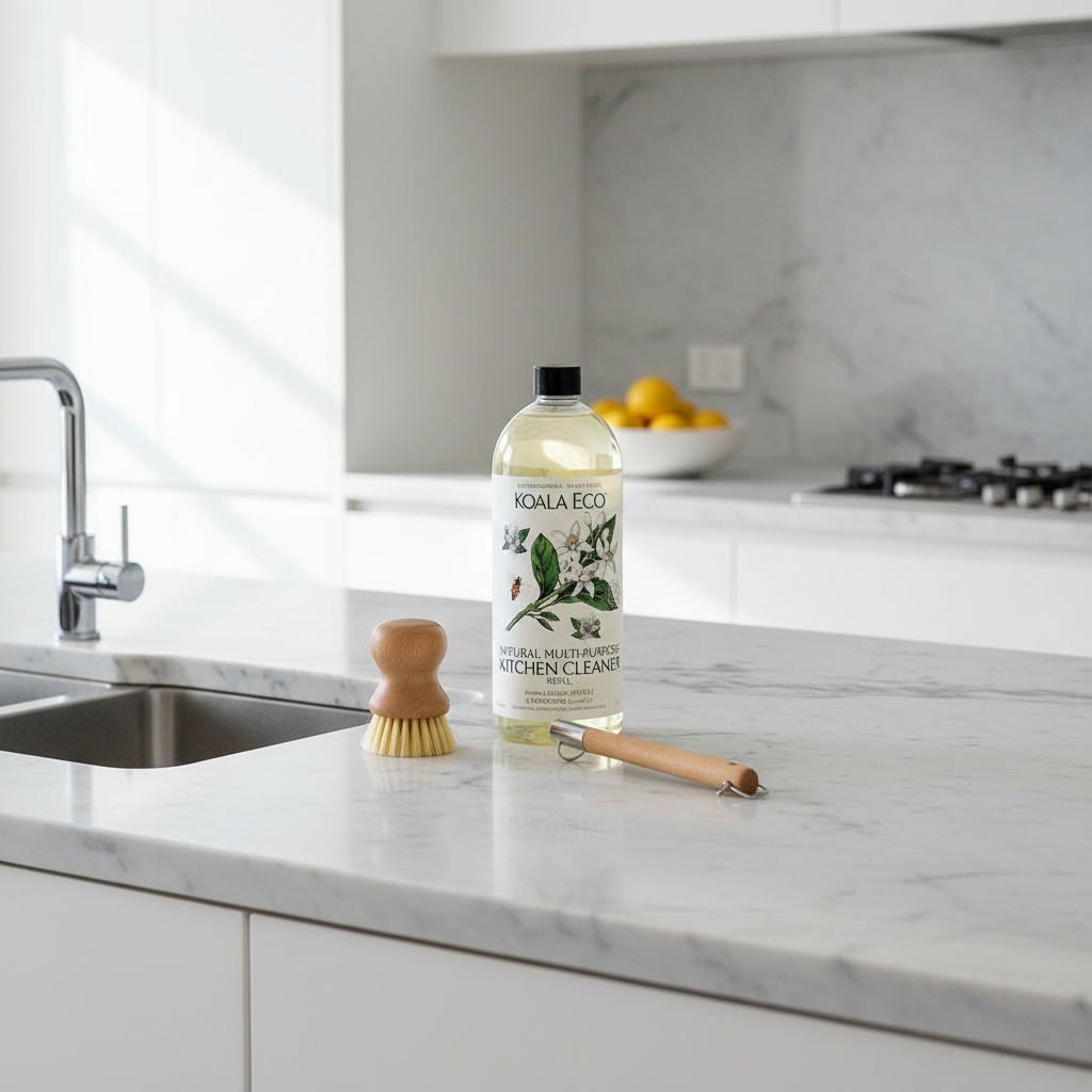 Natural kitchen cleaning products on a stone benchtop, safe for food preparation areas and marble surfaces.