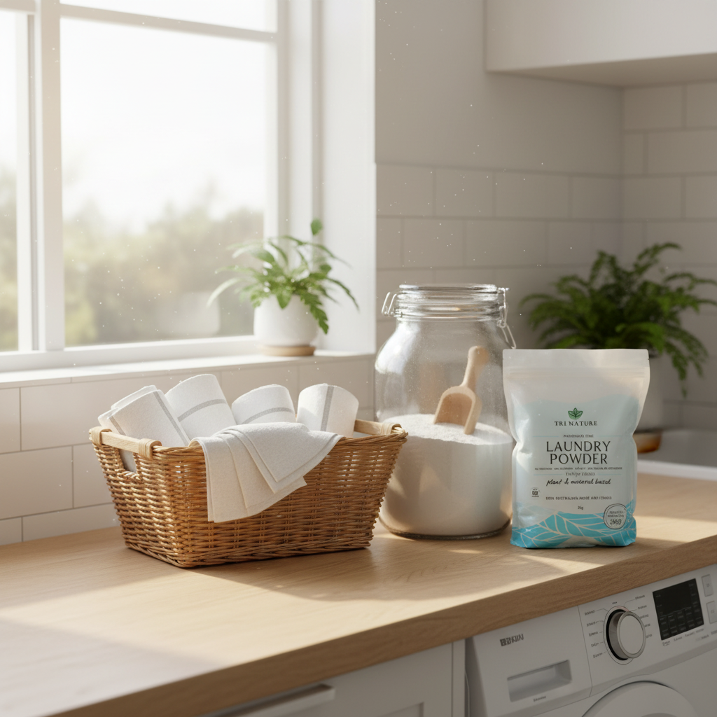 Natural laundry powder and fresh linen in a bright laundry room, safe for sensitive skin and grey water systems.