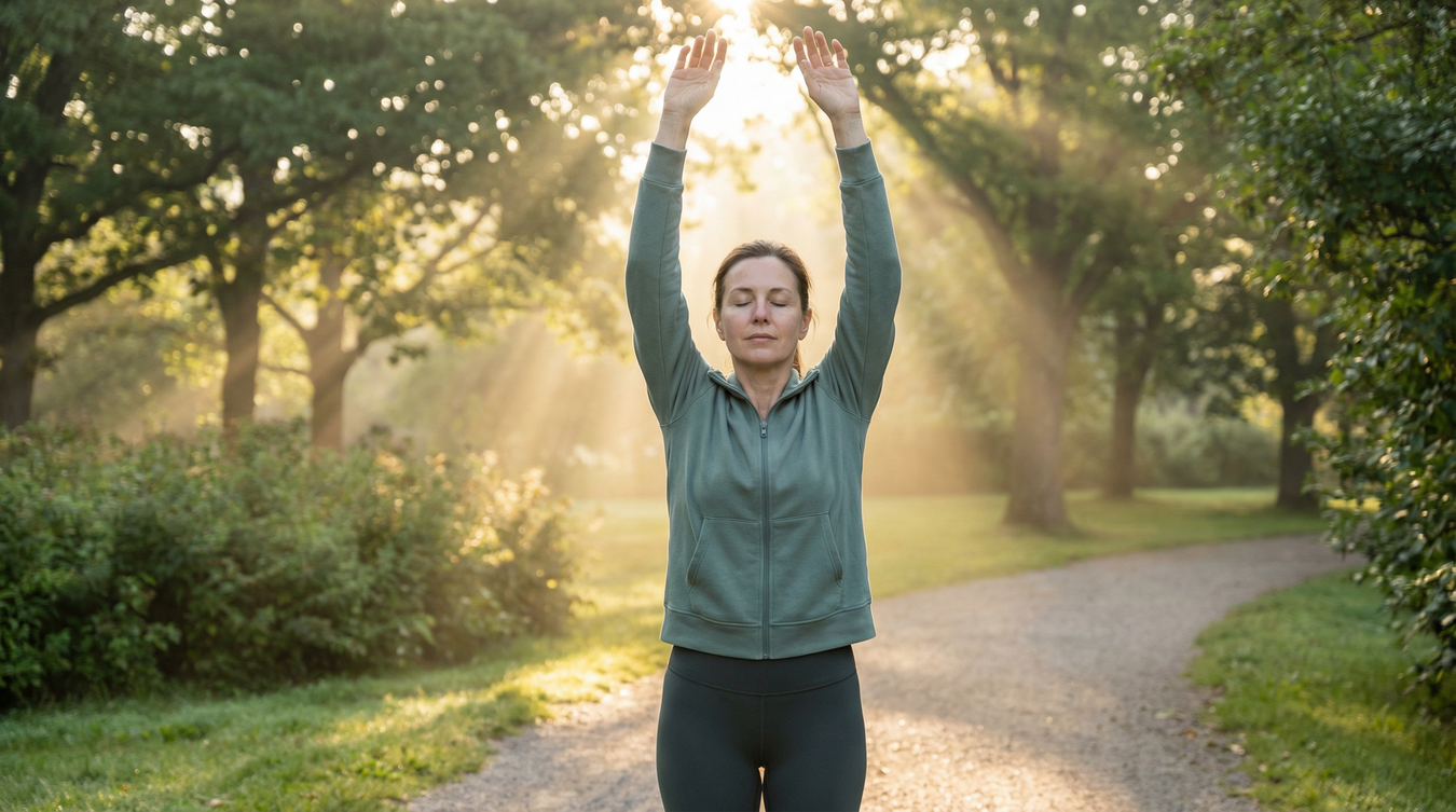 Person stretching outdoors at sunrise, reflecting calm, balanced daily energy and stress resilience.