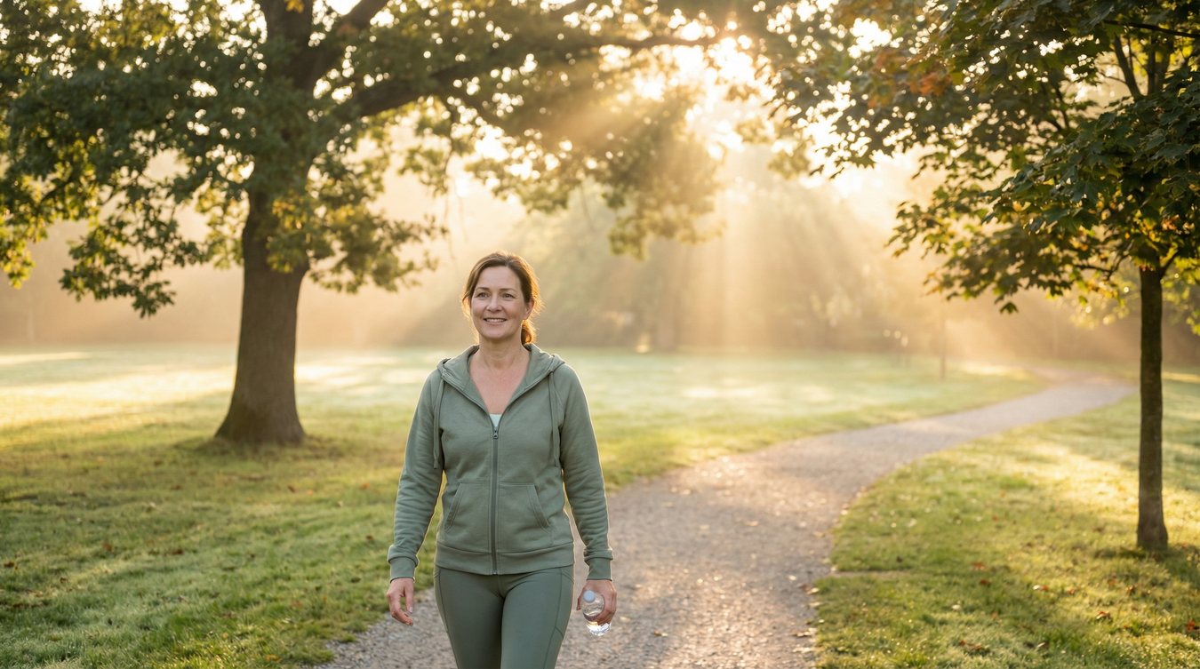 Woman walking outdoors in morning light, representing women’s daily wellbeing and natural vitality.